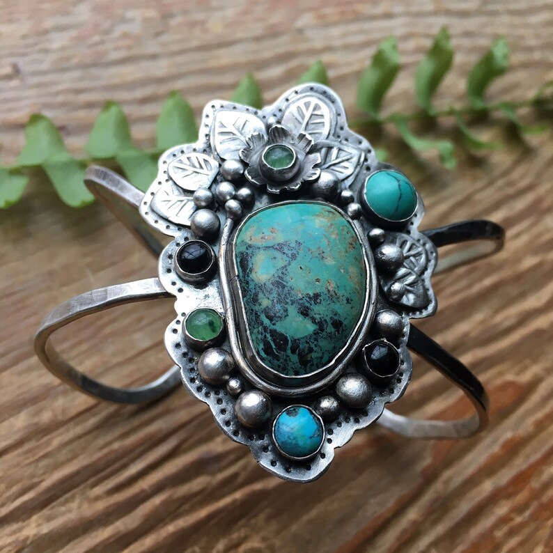 nature inspired Turquoise multi colored floral themed stamped Artisan fine silver textured cuff