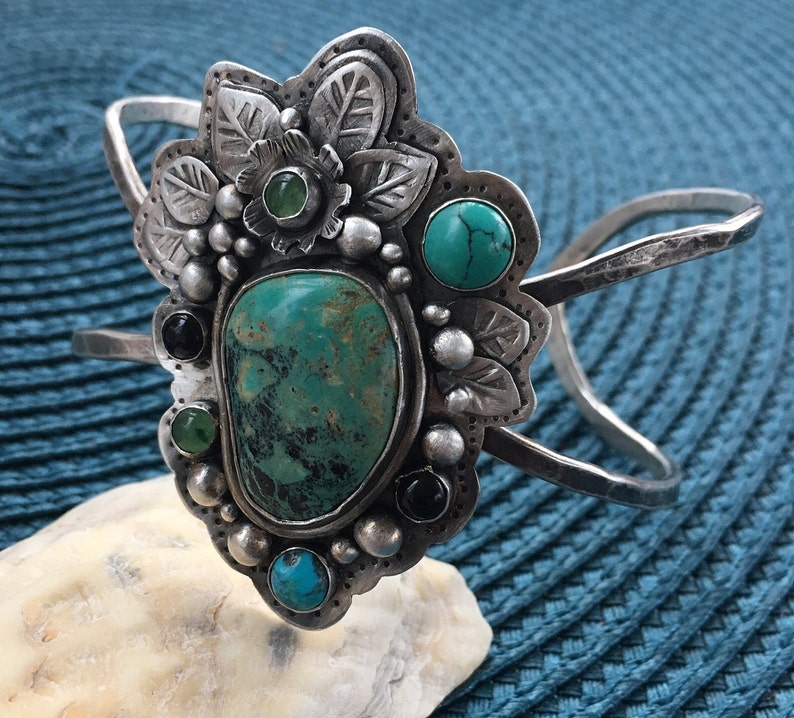 nature inspired Turquoise multi colored floral themed stamped Artisan fine silver textured cuff