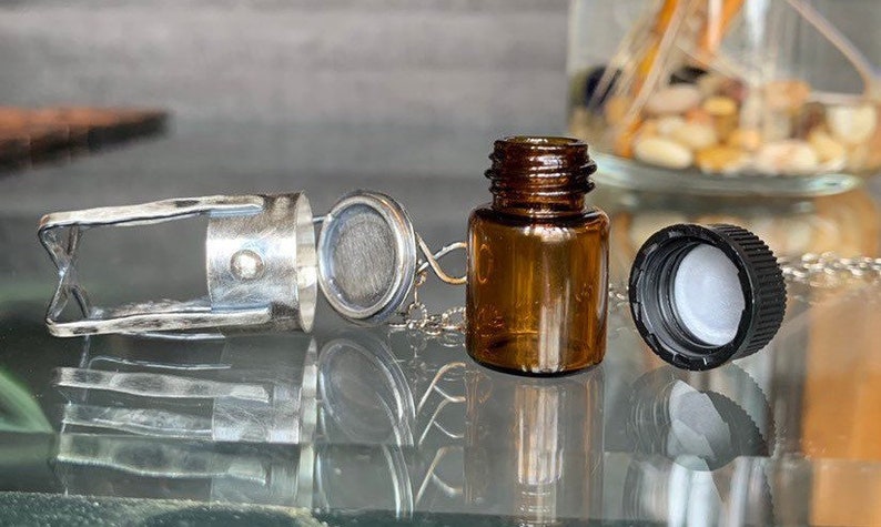 Brown Glass Caged Vial Functional Sterling keeper Locket with garnet Gemstone