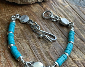 Turquoise And Sterling hand fabricated beaded linked bracelet