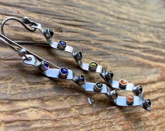 Sterling silver, Natural gemstone Chakra colors dangle Statement artisan earrings