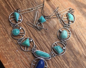 Free form, custom cut Amazonite Gemstone, Artisan Statement Necklace in fine Silver with Lapis Lazuli