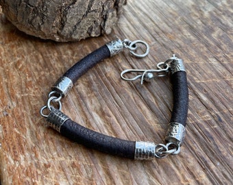 Leather And Sterling hand fabricated artisan linked bracelet