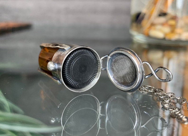Brown Glass Caged Vial Functional Sterling keeper Locket with garnet Gemstone
