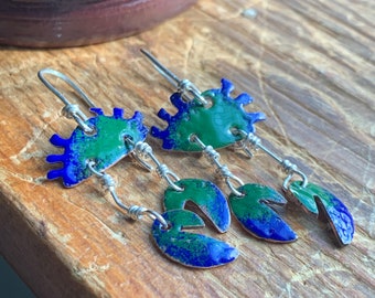 Enameled Live Crabs Sterling silver Blue Green  Colorful Artisan dangle earrings