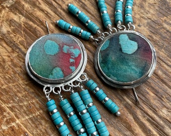 Colorful mixed Media textile earrings with turquoise gemstone beading, Sterling Silver artisan designed