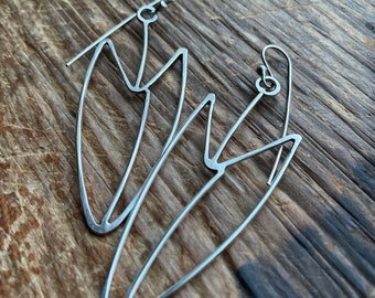 Sterling long rectangle Spear or Leaf shaped Artisan Hoops