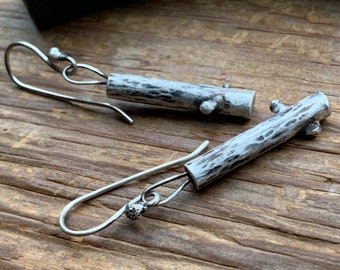 Sterling silver industrial and rustic twig tube earrings