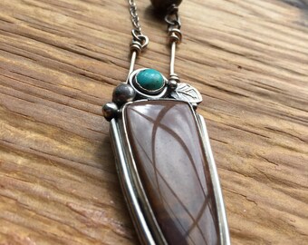 Brown Jasper and Turquoise Artisan leaf and berries pendant