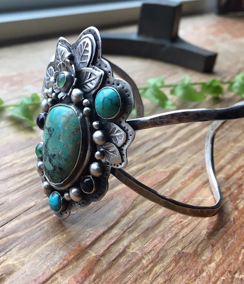 nature inspired Turquoise multi colored floral themed stamped Artisan fine silver textured cuff