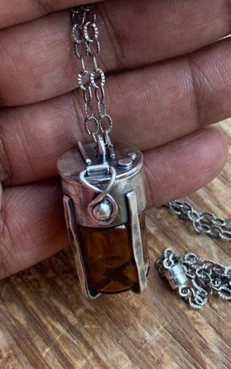 Brown Glass Caged Vial Functional Sterling keeper Locket with garnet Gemstone