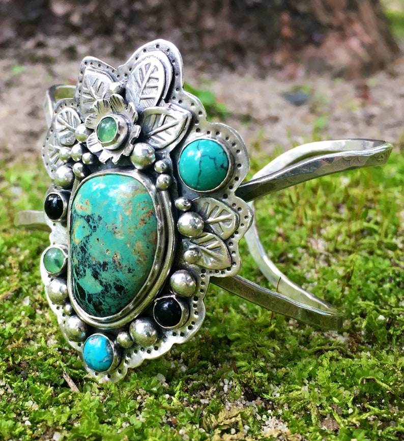 nature inspired Turquoise multi colored floral themed stamped Artisan fine silver textured cuff