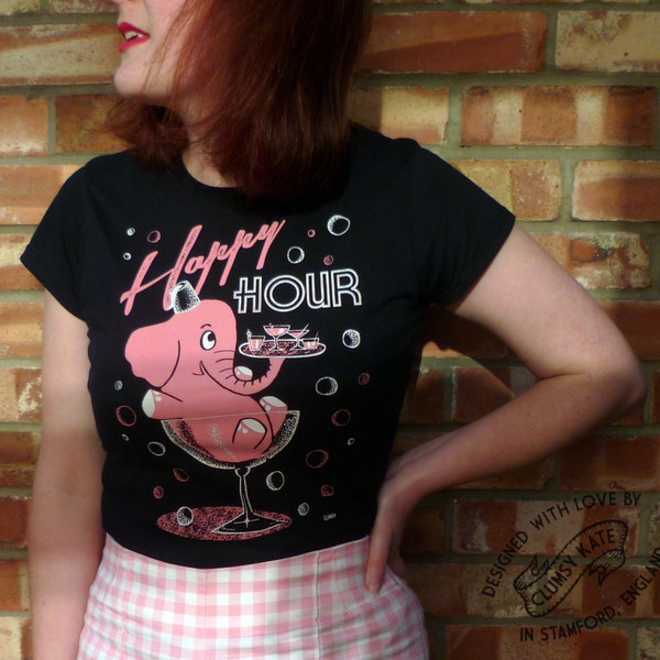 Pink Elephant Happy Hour Vintage Style Tee Shirt by Clumsy Kate