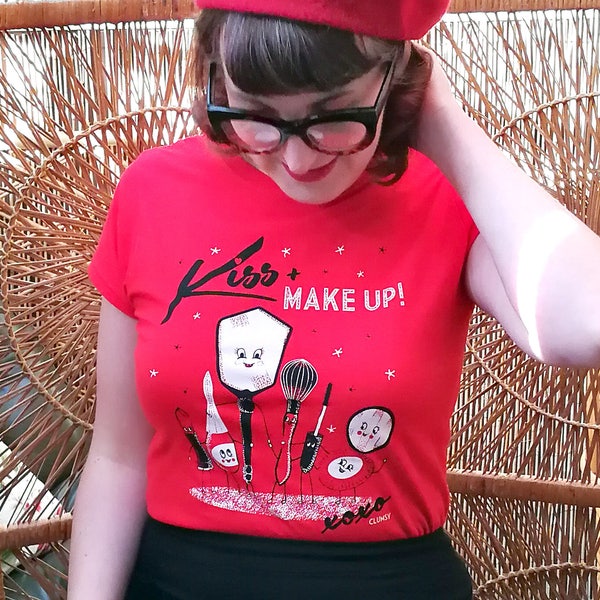 Sale Pin Up Make Up themed Vintage Style Tee Shirt by Clumsy Kate only medium left
