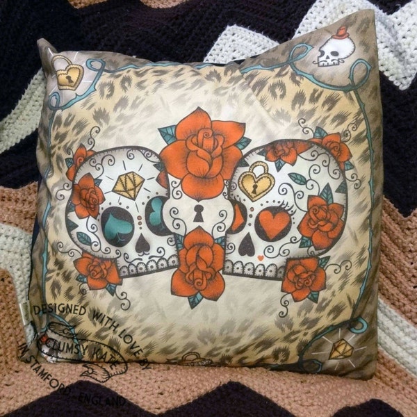 Sugar Skull, Leopard and Rose Tattoo Pillow Cushion Cover in Brown by Clumsy