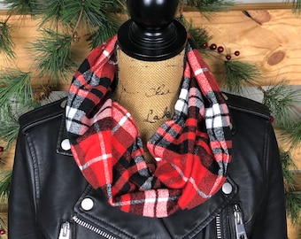 Cotton Flannel Outdoor Gathering Thick Flannel Cowl Scarf in Burnt Orange and Red Plaid Men's or Women's Winter Accessory