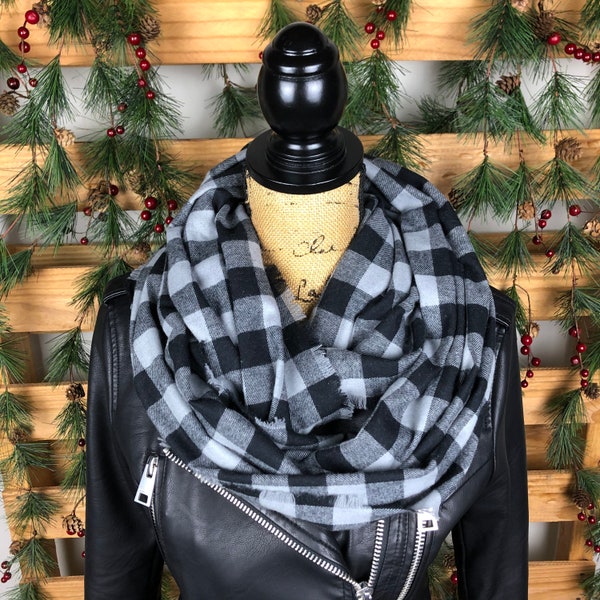 Lightweight Flannel Infinity Scarf Gray and Black Buffalo Plaid | Cotton Flannel Scarf with Fringe | Mens or Womens Fall or Winter Accessory