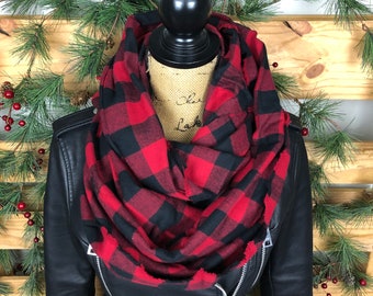Lightweight Infinity Scarf Buffalo Plaid Cotton Flannel Red and Black Fringe Men's or Women's Scarf Fall or Winter Accessory