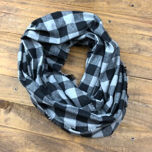 Lightweight Flannel Infinity Scarf Gray and Black Buffalo Plaid Cotton Flannel Scarf with Fringe Mens or Womens Fall or Winter Accessory image 5