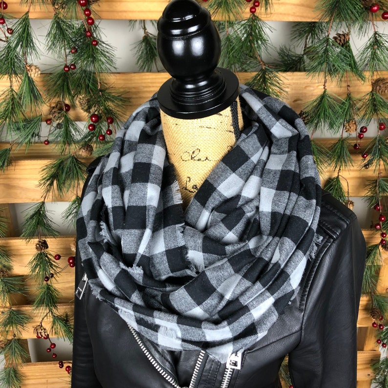 Lightweight Flannel Infinity Scarf Gray and Black Buffalo Plaid Cotton Flannel Scarf with Fringe Mens or Womens Fall or Winter Accessory image 3