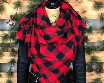 Blanket Scarf Thick Flannel Red and Black Buffalo Plaid Scarf Chunky Oversize Scarf Square Scarf with Fringe | Womens or Mens Christmas