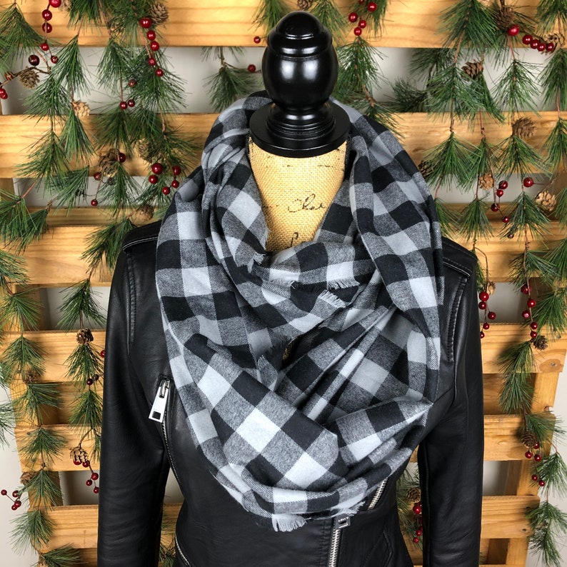 Lightweight Flannel Infinity Scarf Gray and Black Buffalo Plaid Cotton Flannel Scarf with Fringe Mens or Womens Fall or Winter Accessory image 4