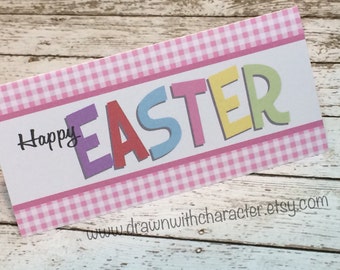 Happy Easter Printable Bag Topper Gingham, birthday, favor, customizable- PR37-HEPINK