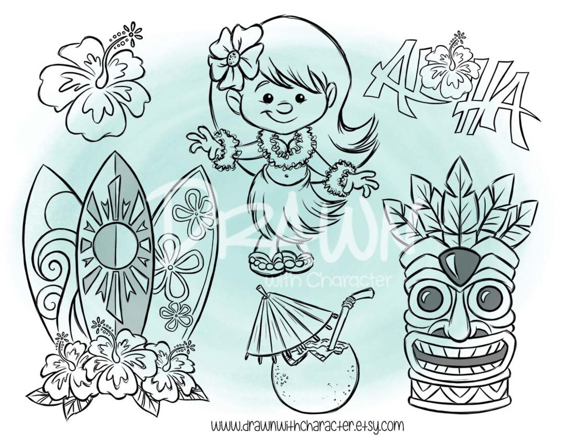 Hawaiian Set Digital Stamp Art/ Kopykake Image Hula Girl Etsy