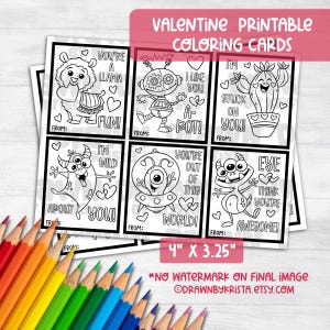 Coloriage carte Saint-Valentin imprimable Crayon de couleur Saint-Valentin préscolaire classe activité de coloriage sans bonbons artisanat animal robot extraterrestre cactus thème