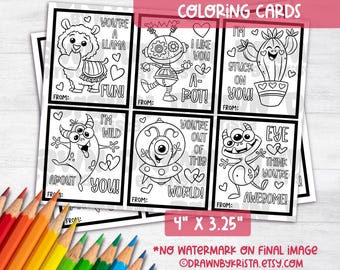 Coloring Valentine Cards Printable Crayon Valentine preschool Classroom Coloring activity no candy craft animal alien robot cactus theme