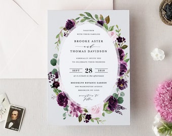 Purple Wedding Invitation Template Printable Plum Blush Floral Wreath Digital Instant Download Editable Pink Green Invites Brooke Templett