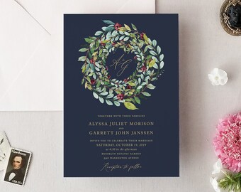 Wedding Invitation Template, Printable Wedding Invite, Instant Download Editable Invites, Digital PDF, Navy Burgundy Gold, Alyssa Templett