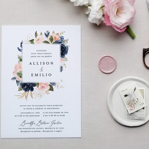 Bilingual Blush Wedding Invitation Template Printable Navy Peony Rose Pink Floral DIY Editable Instant Download Invites Brianna B Templett image 1