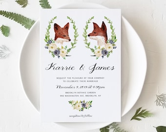 Sjabloon voor bruiloft uitnodiging, afdrukbare bruiloft uitnodigen, Instant Download digitale bewerkbare PDF bos dier Boho Fox paar, Fauna Templett