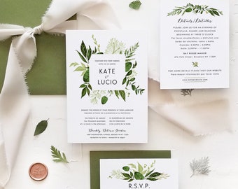 Bilingual Greenery Wedding Invitation Template Printable Botanical Woodland 3pcs Suite Digital Instant Download Editable Invite Ivy Templett