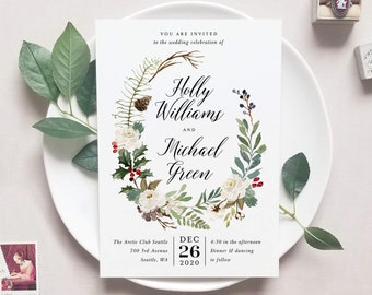 Printable Winter Wedding Invitation Template Editable Instant Download DIY Digital PDF Invites Rustic Berry Christmas Floral Holly Templett