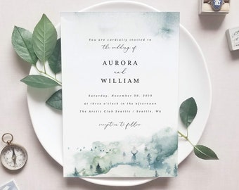 Woodland Wedding Invitation Template Printable Forest Mountain Wedding Invites DIY Digital Instant Download Editable PDF Aurora Templett