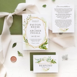 Printable Wedding Invitation Template Set Geometric Gold Leaf 3pcs ...