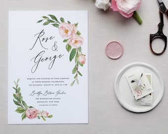 Floral Peonies Wedding Invitation Template Printable Blush Pink Rose Peony DIY Instant Download Digital Editable PDF Invites Rosie Templett