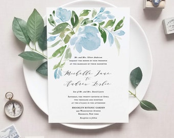 Blue Floral Wedding Invitation Template Printable Watercolor Greenery DIY Instant Download Digital Editable PDF Invites Michelle Templett