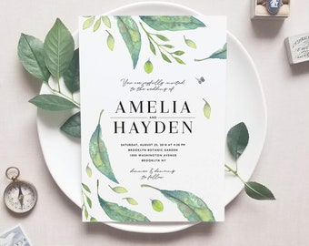 Greenery Wedding Invitation Template Printable Green Leaf Modern Minimalist Watercolor DIY Instant Download Editable Invites Amelia Templett