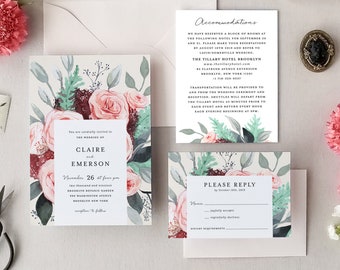 Coral Sage Floral Wedding Invitation Template Set DIY Printable 3pcs Suite Editable PDF Invites Spring Summer Garden Flowers Claire Templett