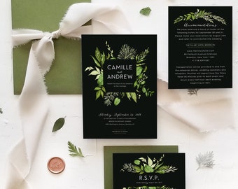 Woodland Botanical Wedding Invitation Template Set Printable Greenery Wedding 3ps Suite Instant Download Editable Invites Dark Ivy Templett