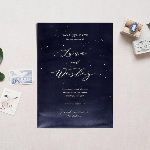 Starry Night Wedding Save the Date Template, Printable Space Star STD, Instant Download Editable Digital PDF Celestial Nebula Luna Templett