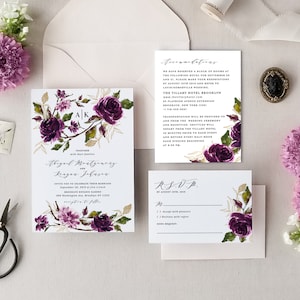 Printable Wedding Invitation Template Set Purple Digital Instant Download Editable 3 pcs Plum Gold Floral Leaf Botanical Abigail Templett image 1