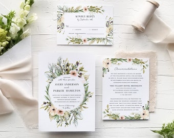 Wildflower Wedding Invitation Template Set Printable Rustic Pink Floral Editable 3pcs Suite Instant Download Digital Invites Avery Templett