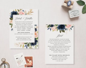 Bilingual Blush Wedding Details Card Template Printable Navy Peony Rose Floral Information Card Instant Download Editable Brianna B Templett