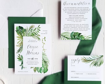 Tropical Greenery Wedding Invitation Template Suite Printable Digital Editable Destination Invite 3pcs Set Watercolor Leaves Carrie Templett