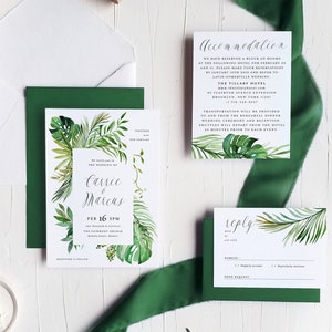 Tropical Greenery Wedding Invitation Template Suite Printable Digital Editable Destination Invite 3pcs Set Watercolor Leaves Carrie Templett image 1