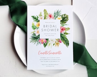 Tropical Bridal Wedding Shower Invitation Template Printable Destination Pink Floral DIY Instant Download Digital Editable Invites Templett